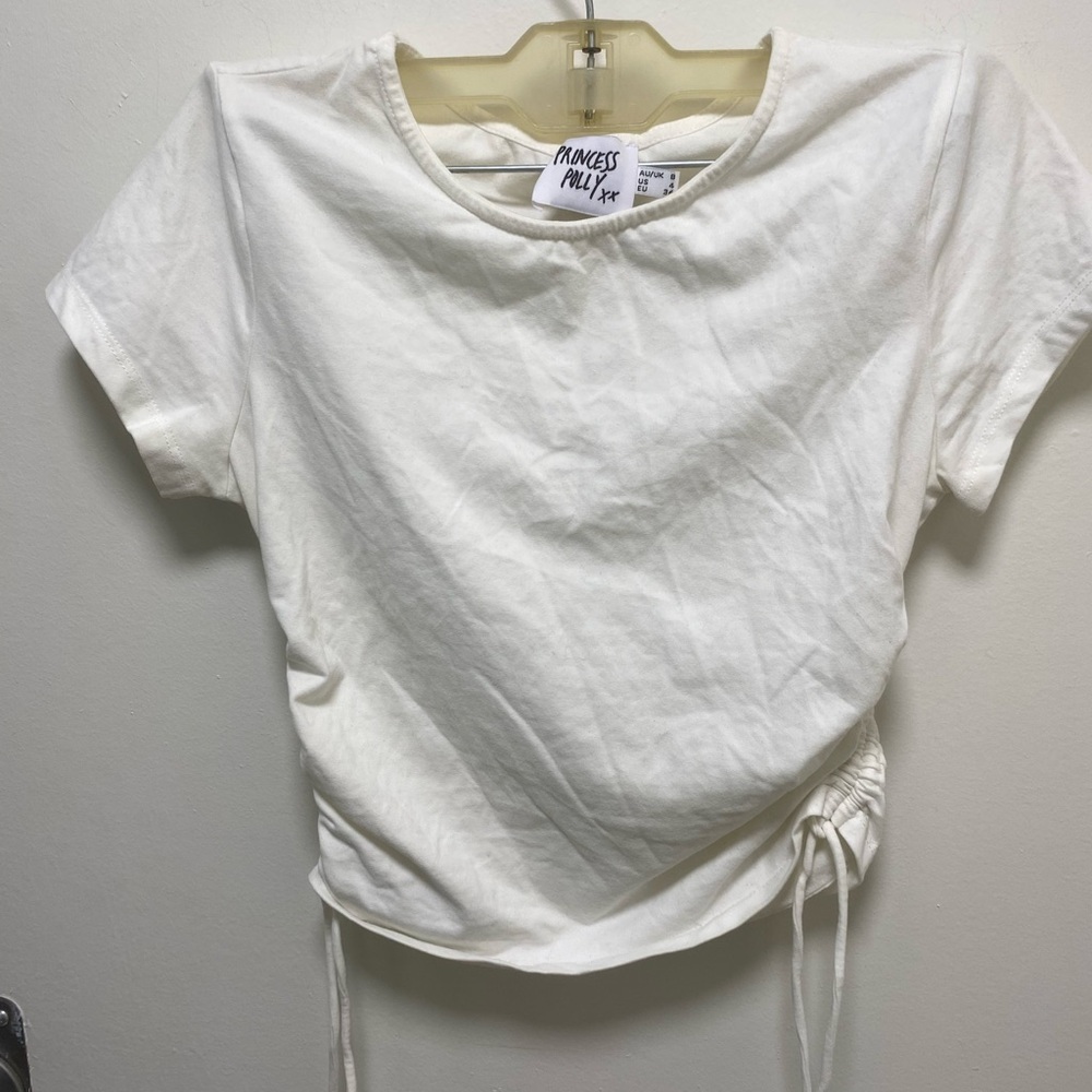 Princess Polly White Ruched side Tie T-Shirt, Size 4, crop top